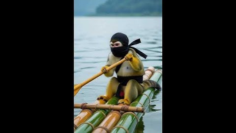 A squirrel monkey in a ninja mask riding a bamboo raft in Yangtze River, China