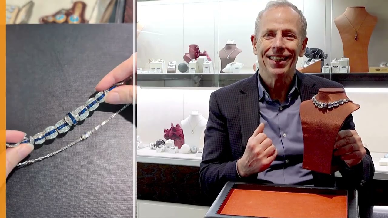 8.14ct Basaltic Sapphire and 11.79ct Diamond, Platinum Necklace - Art Deco - Vintage Circa 1945