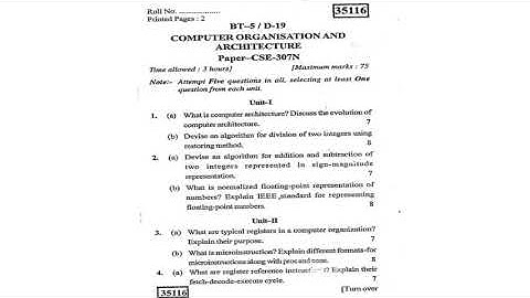 Computer Organization & Architecture KUK University BTech 5th Semester 2019 Question Paper