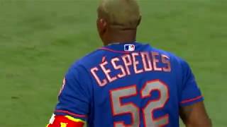 Yoenis Cespedes scores on a throwing error