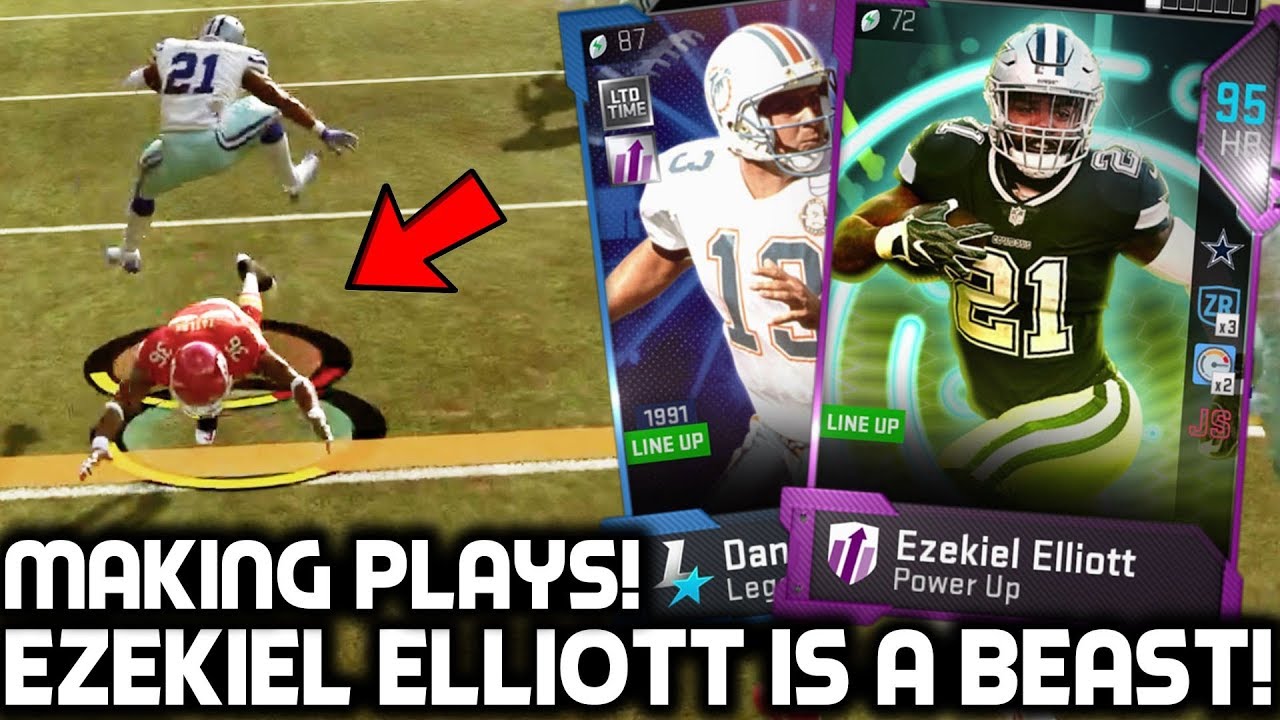 EZEKIEL ELLIOTT HURDLES DEFENDERS DAN MARINO Madden 19 Ultimate Team ezekiel-elliott-hurdles-defenders-dan-marino-madden-19-ultimate-team