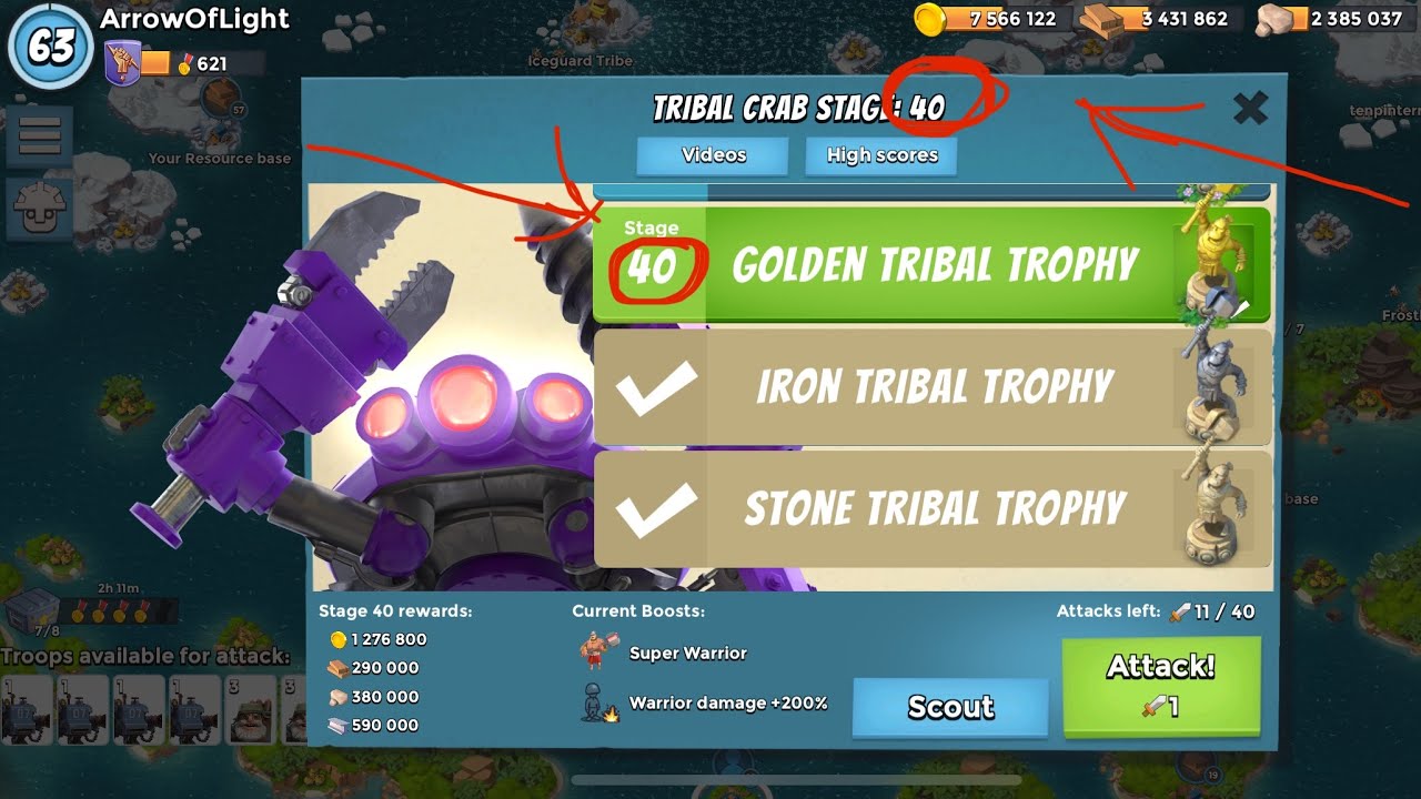 🏆Gold🏆Crab Tribal Trophy Attempt Boom Beach