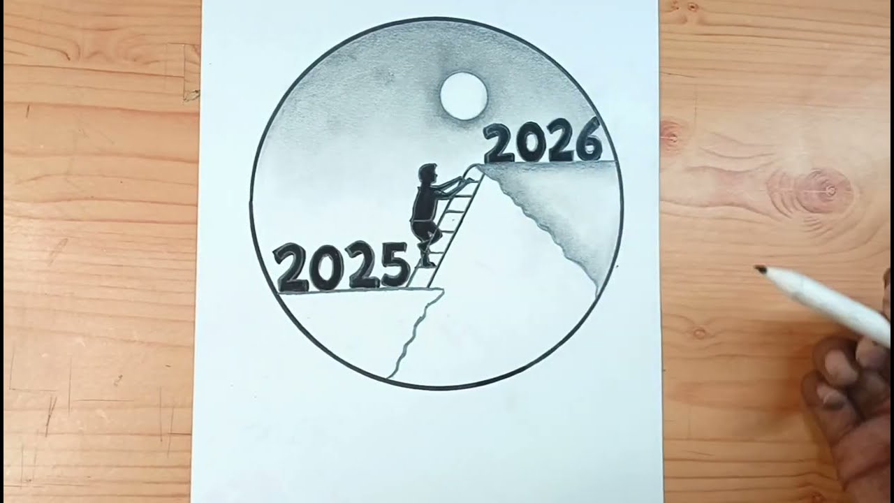 Happy new year drawing 2026/New year drawing/Happy New year scenery drawing/2026 drawing easy