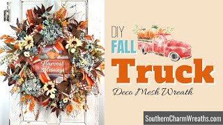 DIY Deco Mesh Fall Truck Wreath for Front Door | How to make Deco Mesh Wreaths with Flowers