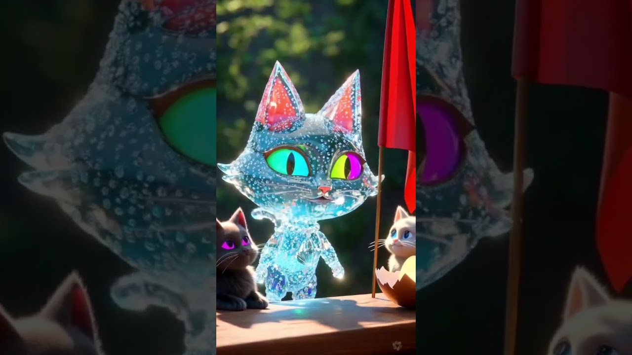 "A mystical water cat with shimmering, fluid-like fur and glow."