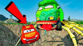 Big & Small: Mcqueen with Spinner Wheels vs Long Monster Truck Tow Mater vs Thomas Trains - BeamNG