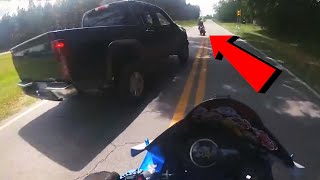 A speeding car ALMOST collides with two bikers