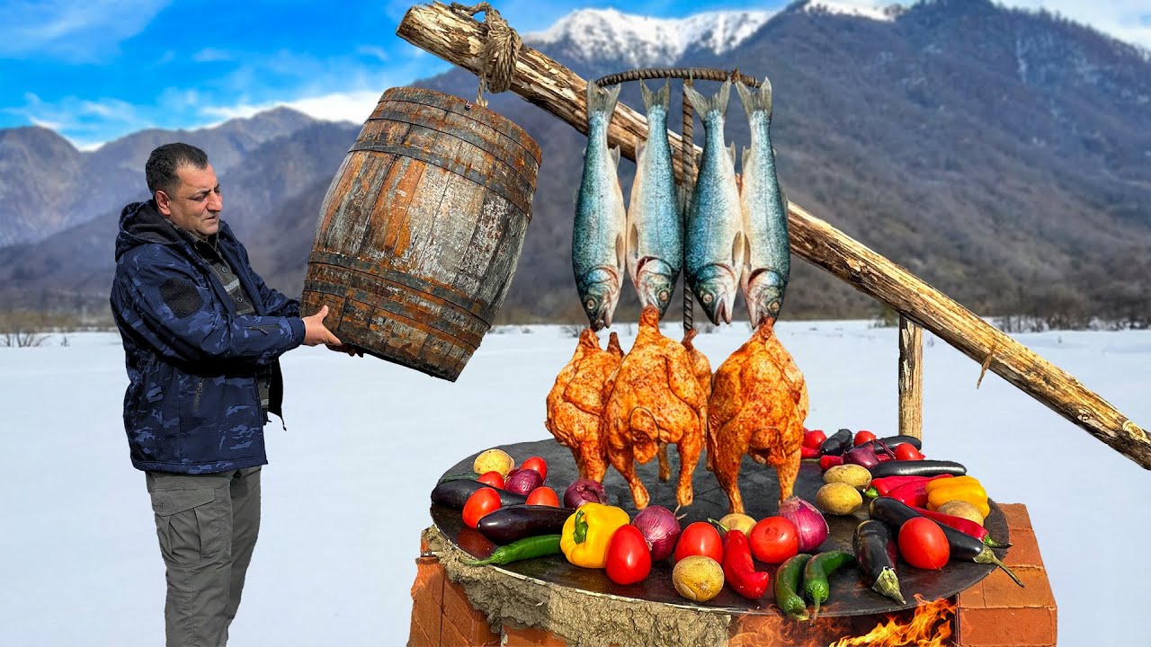 سمك ودجاج مُدخَّنان تحت برميل خشبي! حياة هادئة في القرية