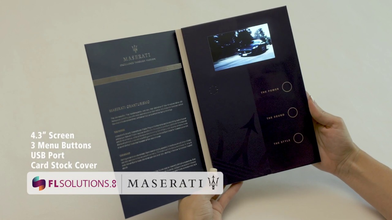 Video Folder Marketing: 4.3" Screen, Multiple Videos - Product Example: Maserati