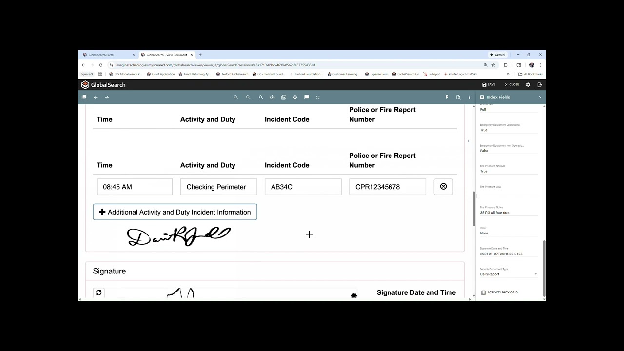 Square 9 Security Protection and Patrol Daily Report Global Form & GlobalSearch repository