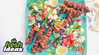 Charred Lamb Skewers with Greek Salad | Woolworths Bbq Butterflied Lamb Recipe With Halloumi Tomato Salad Woolworths