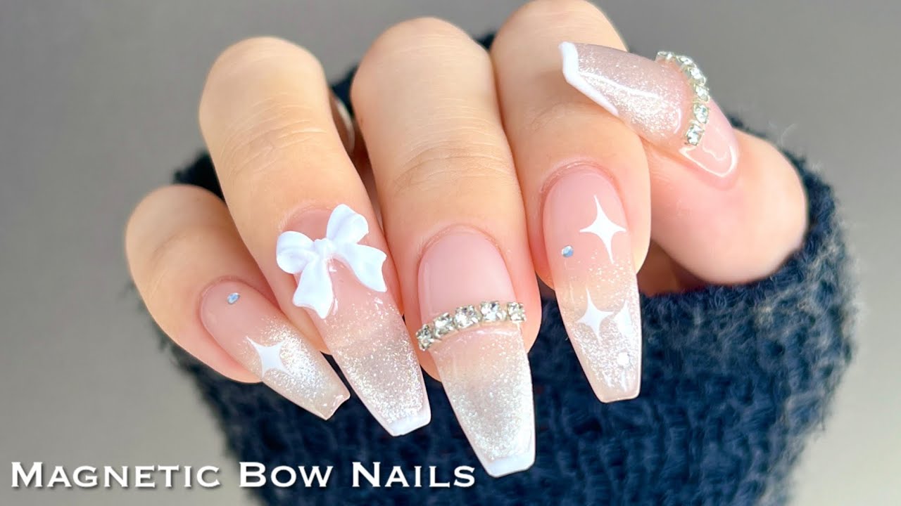 【セルフネイル】マグネットリボンネイル🎀🤍/チップで長さだし💅/ASMR/韓国ネイル/ワンホンネイル/ジェルネイル