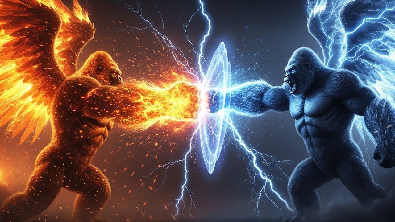 Primal Fury Unleashed: Golden Inferno Gorilla Battles Electric King Kong