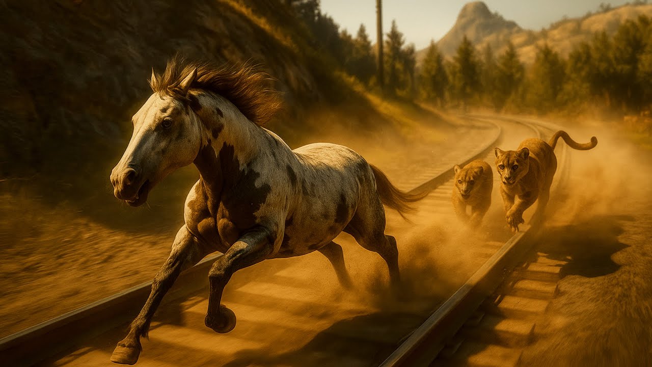 American Wild Horse Chased by Nightwalker Panthers In The Middle Of The Desert