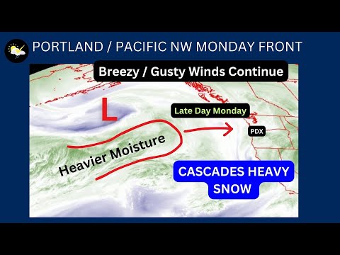 Pacific NW Monday Steady Rain, More Gusty Wind, Cascades Snow