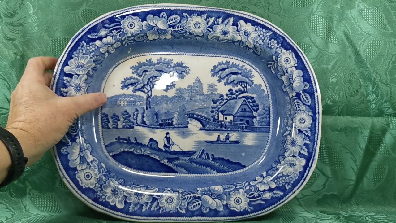 1830s Antique Ironstone Platter Nuneham Park Wild Rose Blue and