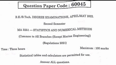 MA3251- Statistics and numerical methods 2nd sem (Reg-2021) (2022) Questions paper Engineering maths