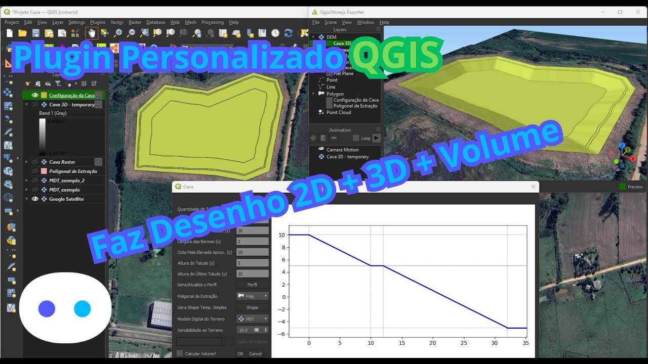 Plugin Personalizado #qgis pra Fazer Desenho Tridimensional de Cava com Cálculo de Volume