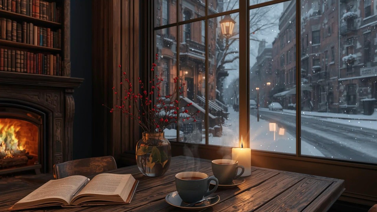 Dreamy Snow Cafe Ambience ☕ Soft Winter Jazz Piano to Relax, Sleep, and Read | Stress Relief Music