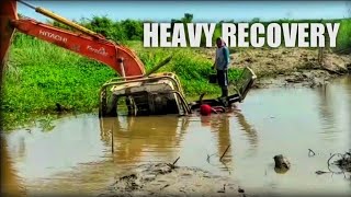 Heavy Recovery Sinking Hitachi Excavator on the Deep Mud