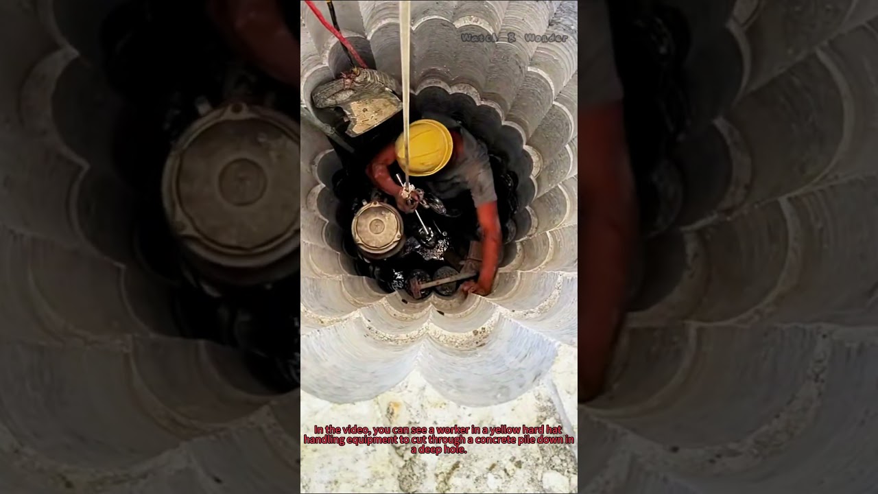 Manual Pile Cutting: Construction Worker Handles Concrete Piles