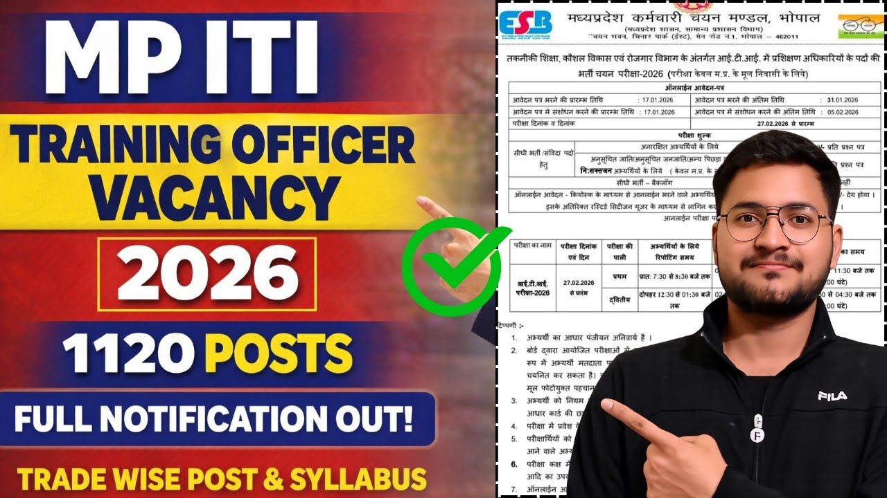 MP ITI Training Officer Vacancy 2026, MP ITI TO 1120 Posts Full Notification 2026, Trade Wise Posts