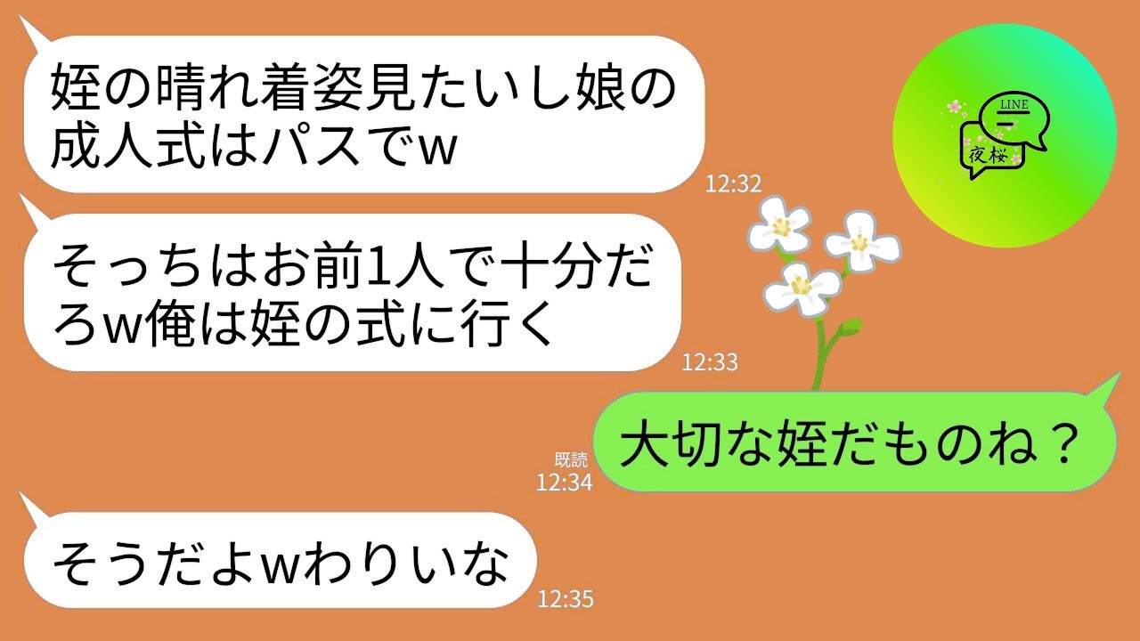 【LINE】娘の成人式よりも姪の成人式に参加すると言い出す夫「かわいい姪ちゃんの晴れ着姿見たいw娘のはお前が行けば十分だろ」→家族は姪だけのようなので翌日から完全に他人扱いした結果www