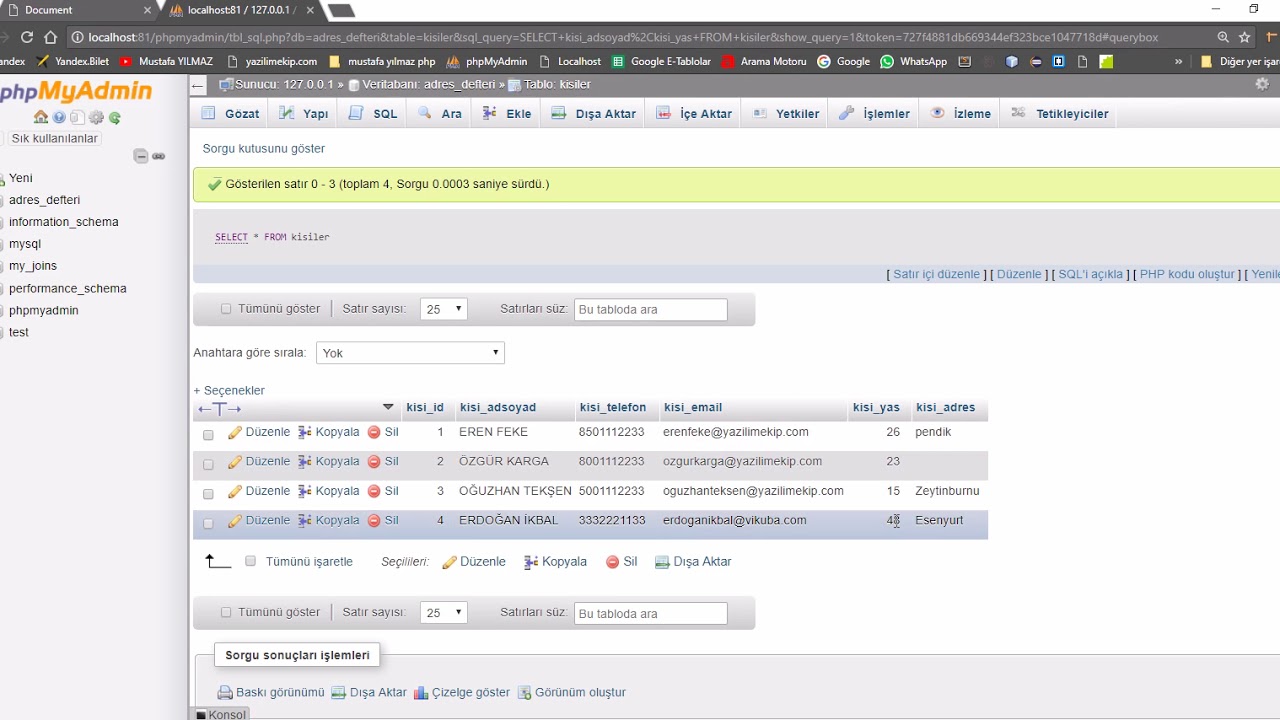 php sınıf eğitimleri phpmyadmin ile insert,select,update ve delete ...