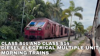A race between two Diesel electrical multiple unit trains in the morning