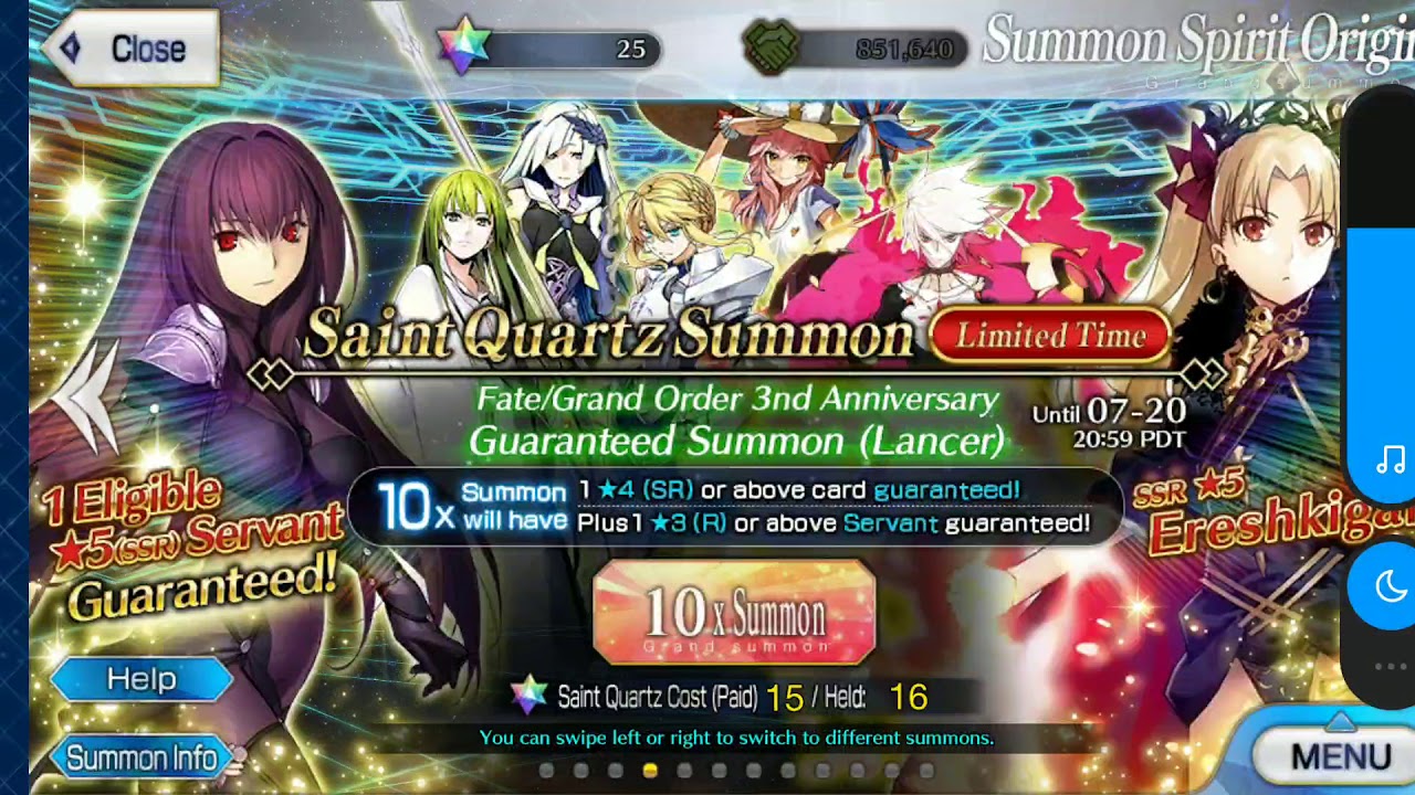 Fgo Na 3rd Anniversary Gssr 10 Pull Summon Lancer Class Banner Youtube