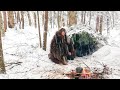WINTER BUSHCRAFT Camping Alone in a SNOWSTORM - Build Natural Primitive Snow Shelter - Fur Blanket
