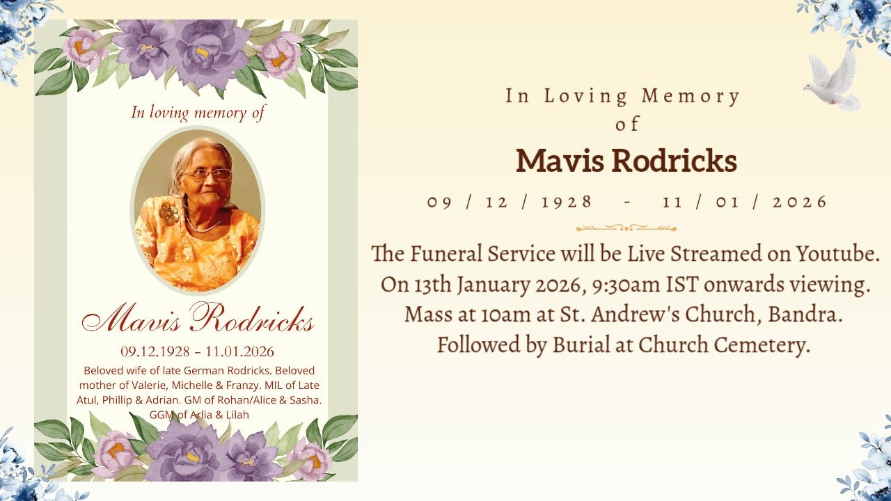 Funeral Service of Mavis Rodricks | 13th Jan 2026, 9:30am IST onwards