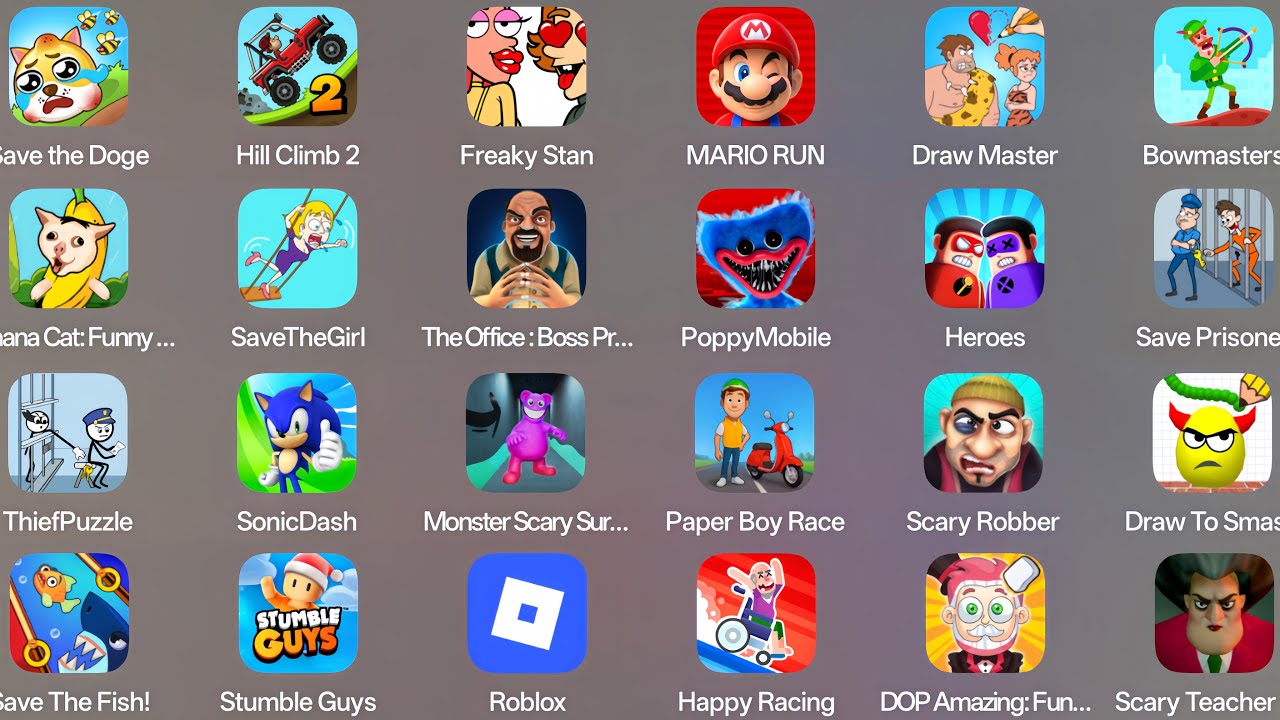 Roblox,Grimace Monster Scary Survival,Poppy Playtime 2,Stumble Guys,Scary Robber,Thief Puzzle 