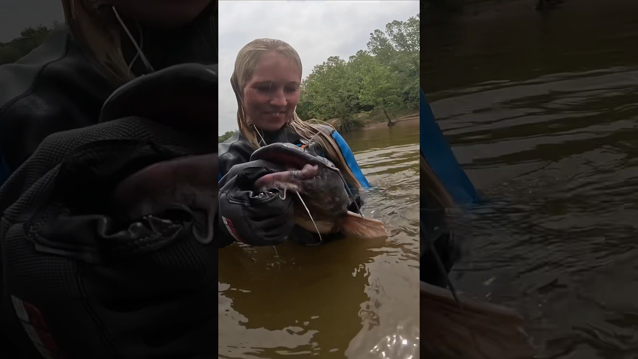 Noodling her First Catfish in OkieLand! Nice Grab! 