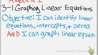 Algebra 1: 3-1 Graphing Linear Equations (in Standard Form) by finding Intercepts