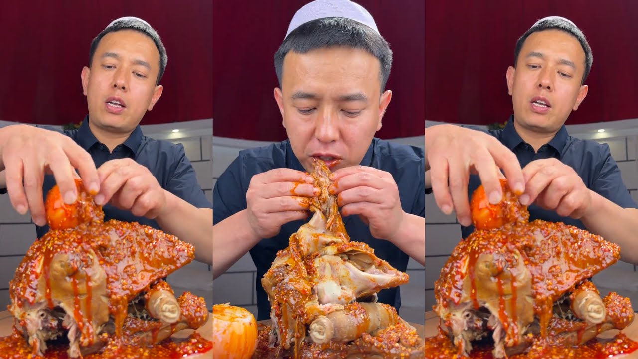 ASMR GOAT HEAD WITH SPICY GARLIC SAUCE EATING 
