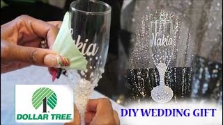 DIY DOLLAR TREE BLING TOASTING FLUTE WEDDING GIFT- HOW TO ADD VINYL & PEARLS TO CHAMPAGNE GLASS