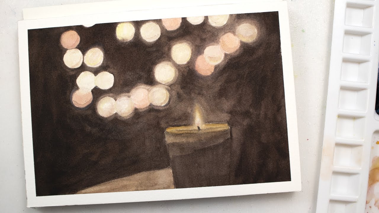 Watercolor burning CANDLE with light flares simple winter mood