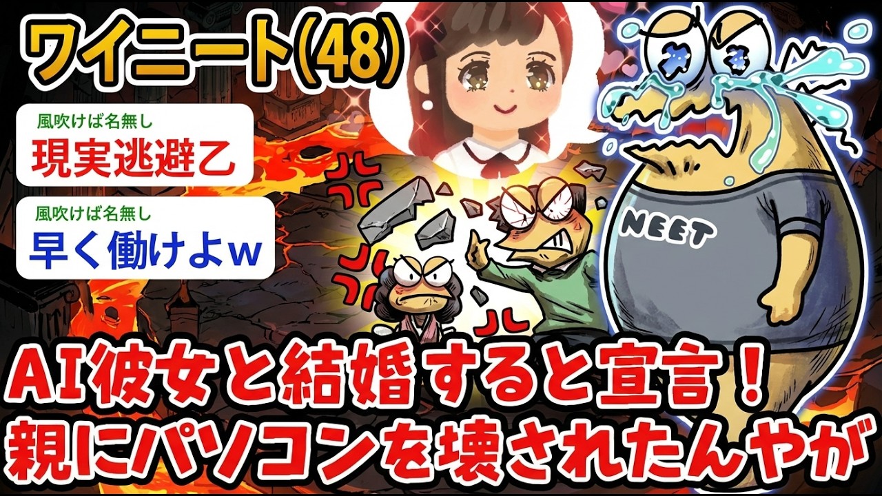 【アホの殿堂】 ワイニート（48）AI彼女と結婚すると宣言！ 親にパソコンを壊されたんや…もう生きていけないンゴ  【2ch爆笑スレ】
