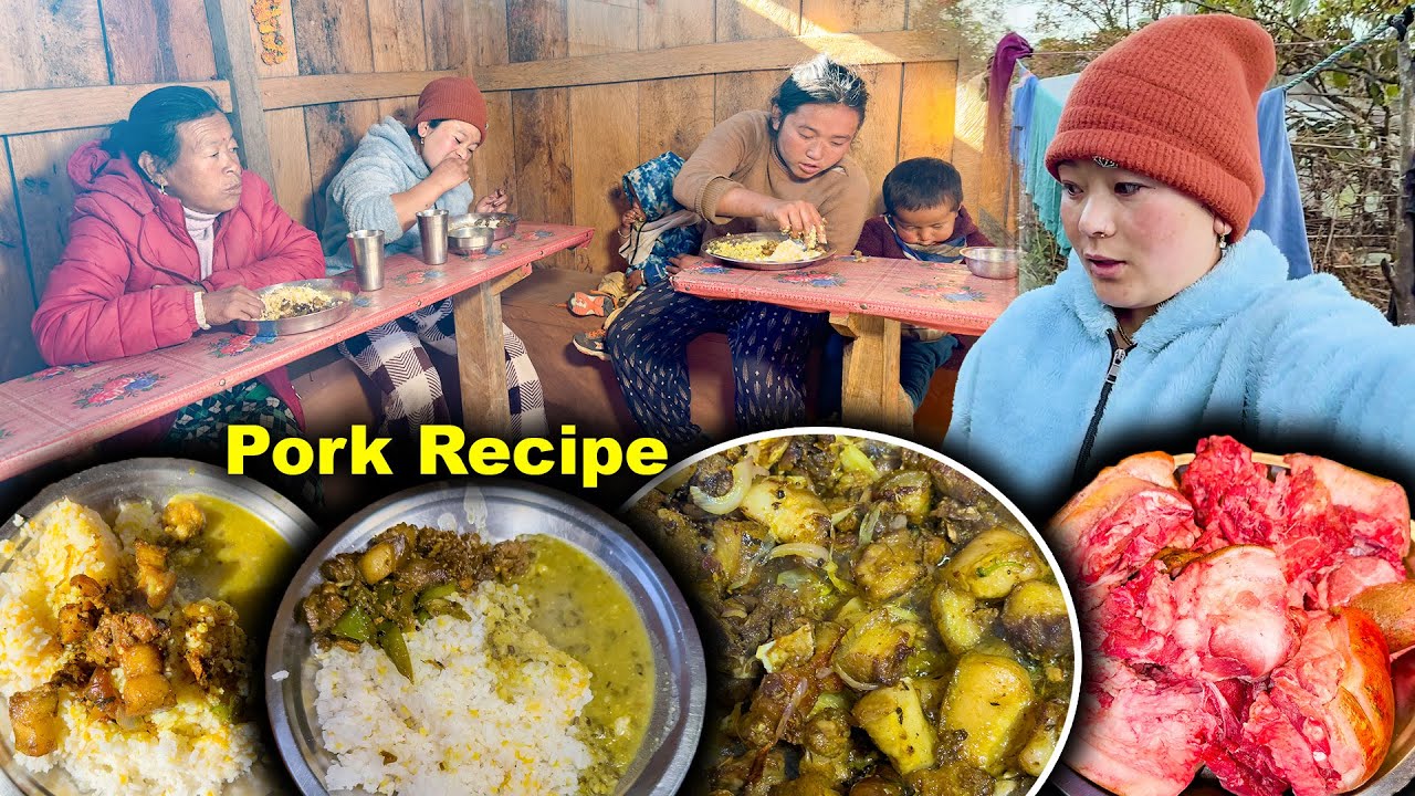 Local Pork fry recipe with Rice in Village kitchen आज घरमा सुङ्गुर को मासु र भात Village food vlog