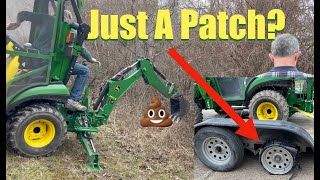 John Deere 1025R Digs For Soil Test, Large Shrub Removal And A Trailering Mishap.