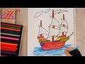 طريقة رسم وتلوين سفينة شراعية كبيره وبحر  | How to Draw and Paint a Sailboat