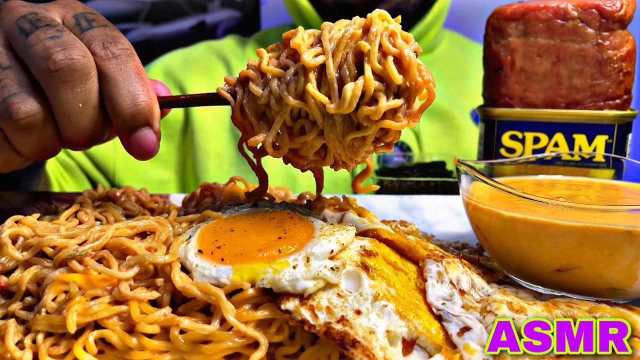 ASMR SPICY CHEESY CHEDDAR INDOMIE GORENG NOODLES AND SPAM | MUKBANG | MASSIVE BITES