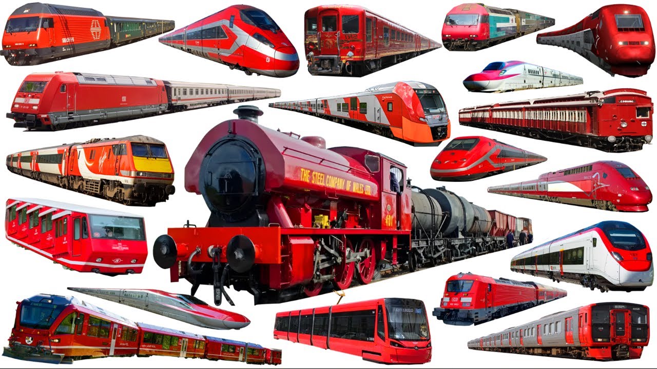 RED TRAINS COLLECTION | Red Railway Vehicles | Learn English Railway Transportation | Types of Train