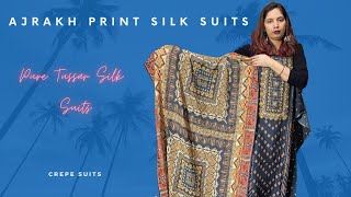 Ajrakh Print Silk Suits | Pure Tussar Silk Suits | Crepe Suits | Majha Creations