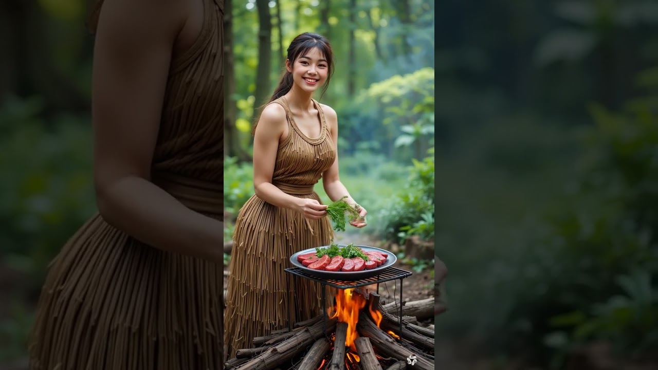 Enchanting Outdoor Cooking  Beautiful Woman Prepares Traditional Firewood-Grilled Feast