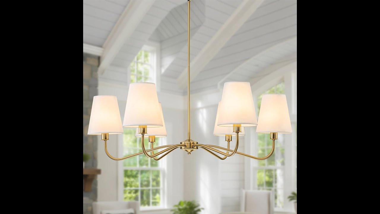 6 Light Brass Gold Chandeliers  with White Fabric Shade