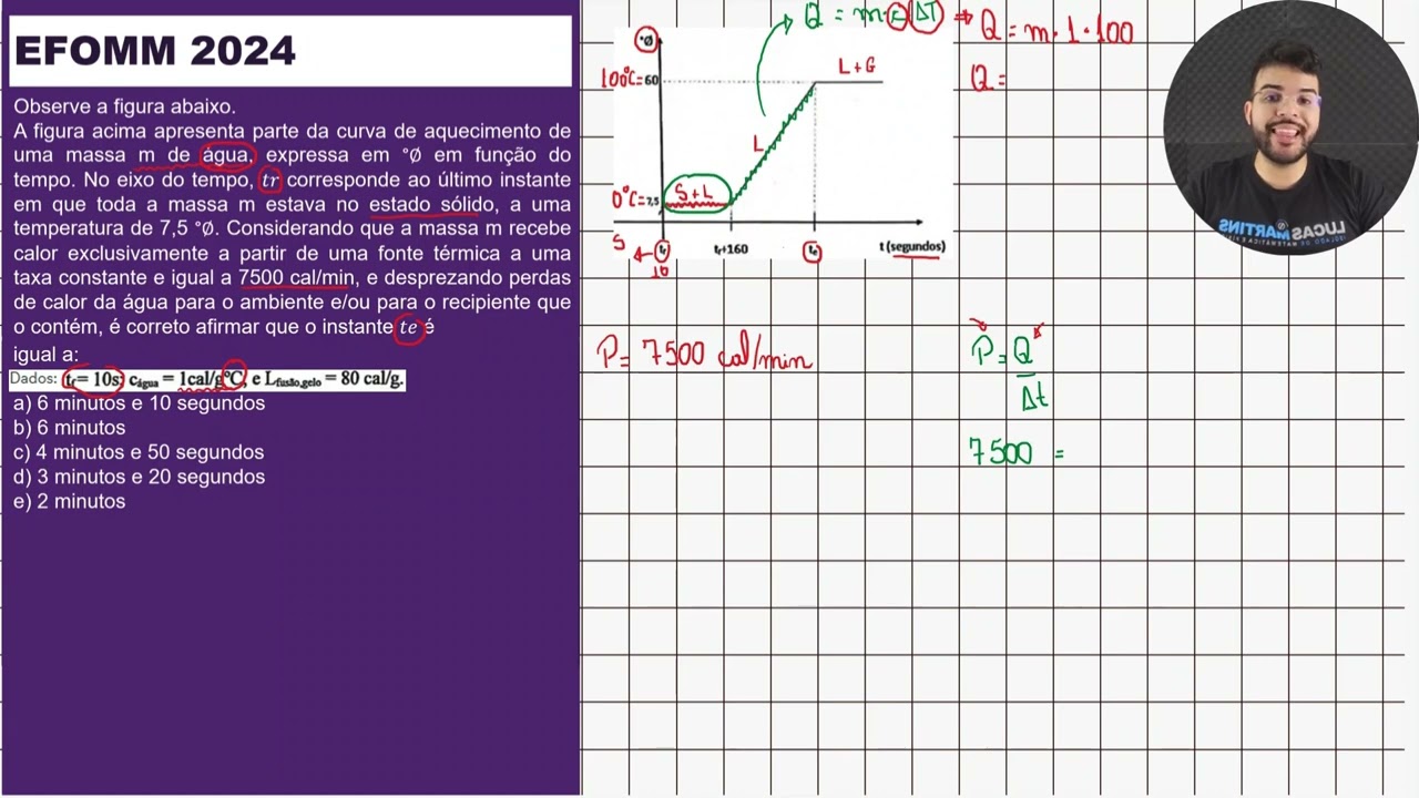 EFOMM A figura acima apresenta parte da curva de aquecimento de uma massa m de água, expressa em °∅