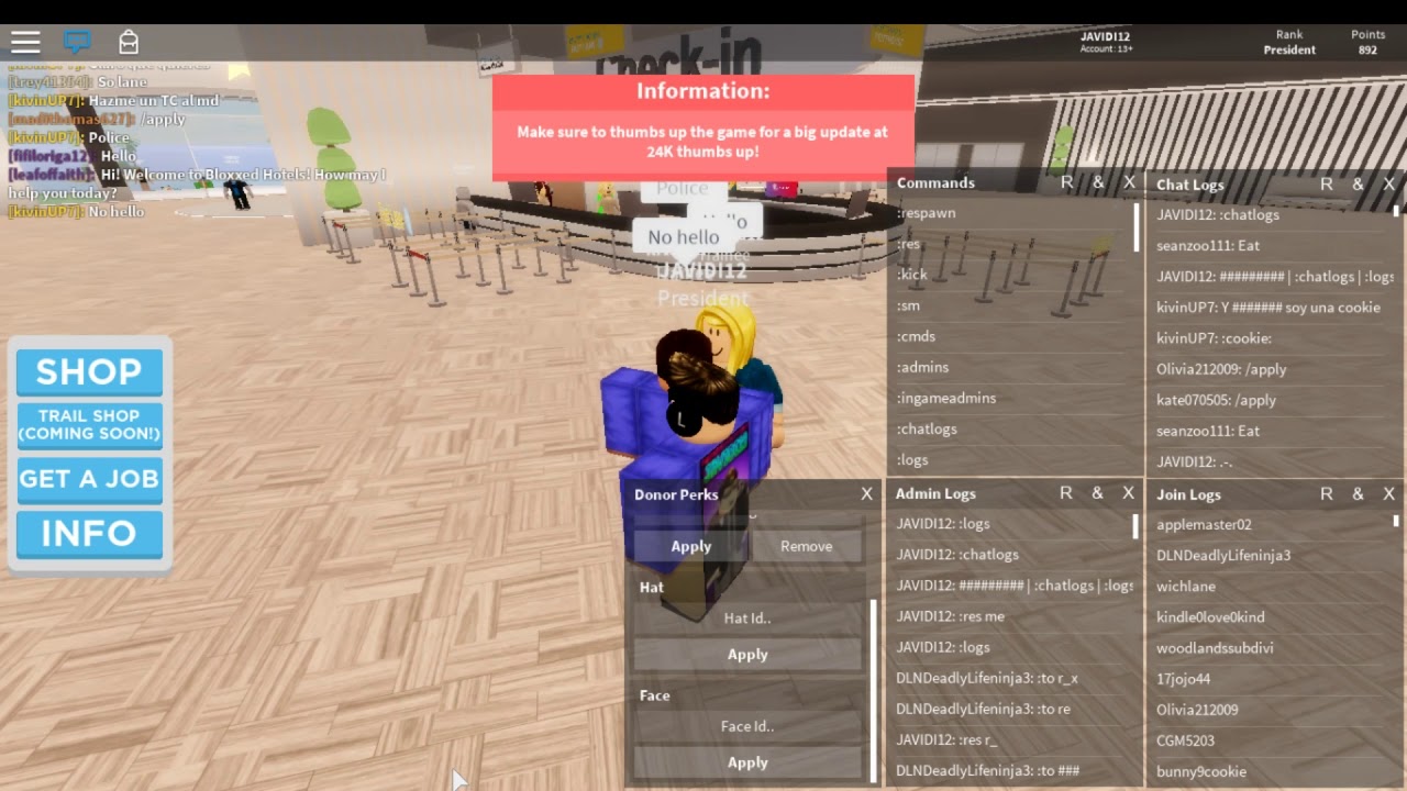 Bloxxed Hotels Life As A President 105 Hr Long Youtube - admin abusing at bloxxed hotels roblox