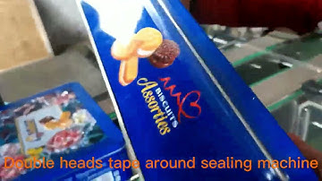 Automatic double heads tin box taping machine factory,biscuit container tape sealer machine